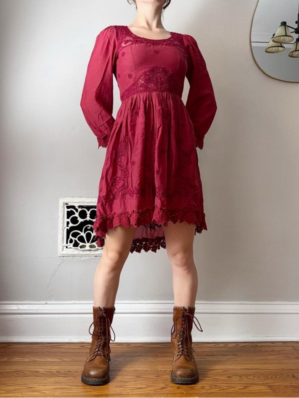 Free people romantic red embroidered minidress